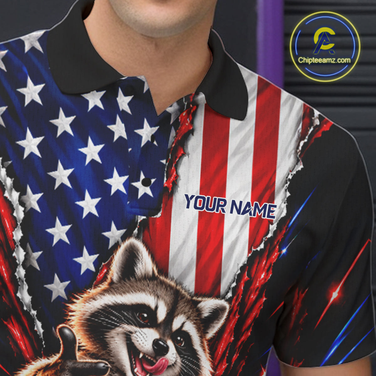 US Flag Patriotic Raccoon Men Bowling Polo 1/4-Zip Shirt Custom Funny Youth Bowling Team Jersey NYN5061