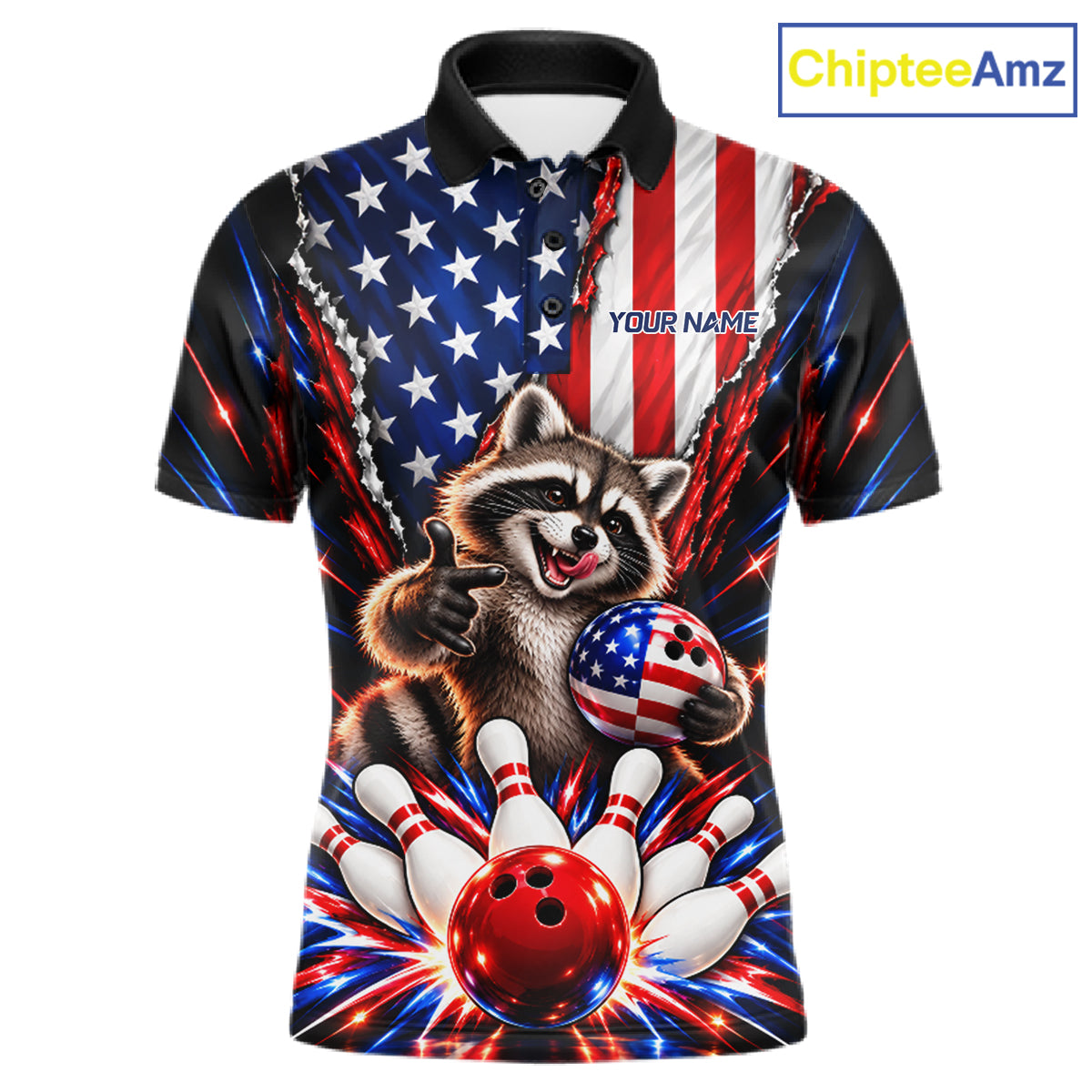 US Flag Patriotic Raccoon Men Bowling Polo 1/4-Zip Shirt Custom Funny Youth Bowling Team Jersey NYN5061