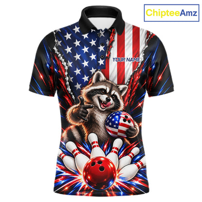 US Flag Patriotic Raccoon Men Bowling Polo 1/4-Zip Shirt Custom Funny Youth Bowling Team Jersey NYN5061
