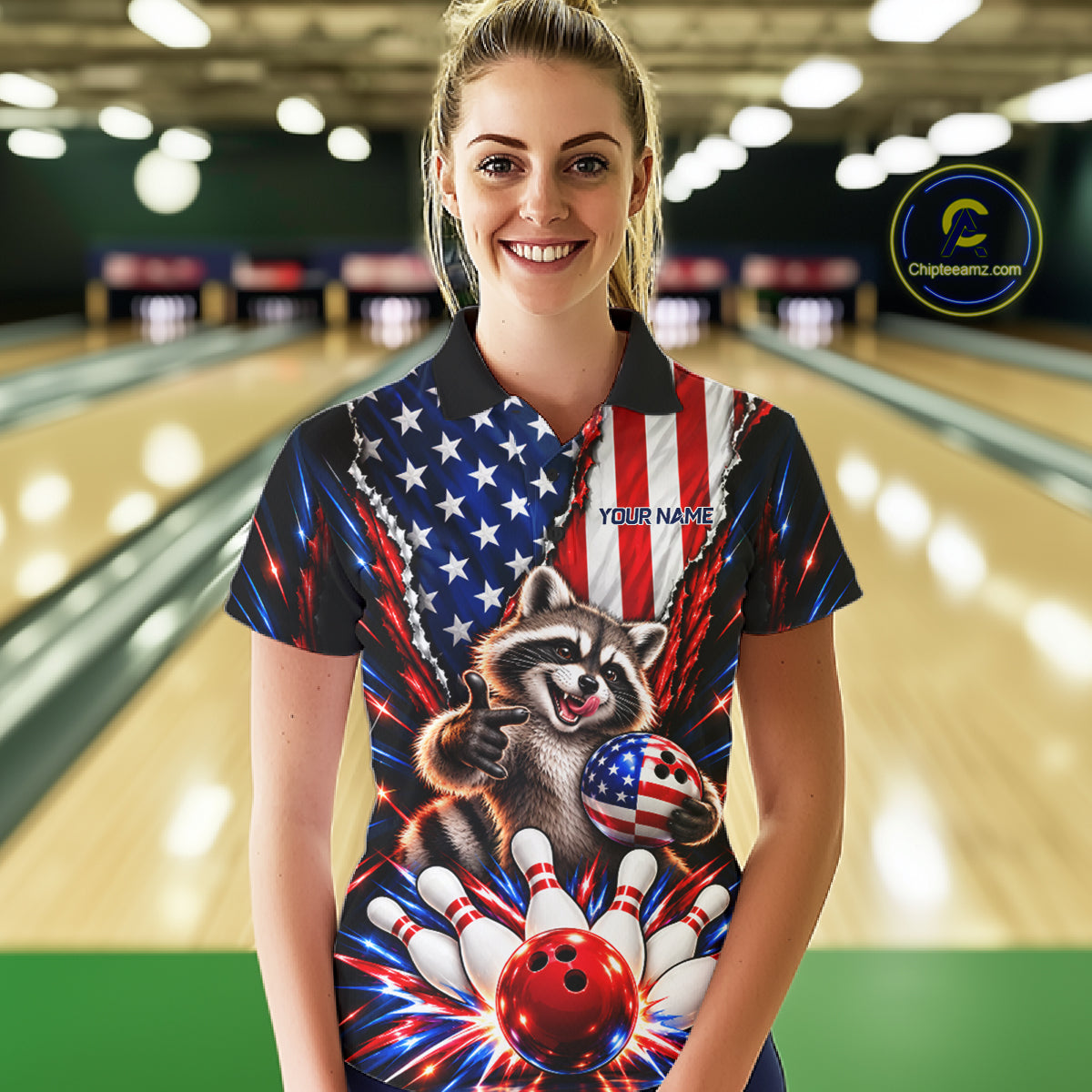 US Flag Patriotic Raccoon Women Bowling Polo 1/4-Zip Shirt Custom Funny Youth Bowling Team Jersey NYN5061