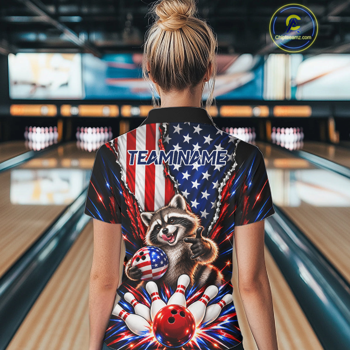 US Flag Patriotic Raccoon Women Bowling Polo 1/4-Zip Shirt Custom Funny Youth Bowling Team Jersey NYN5061