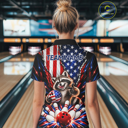 US Flag Patriotic Raccoon Women Bowling Polo 1/4-Zip Shirt Custom Funny Youth Bowling Team Jersey NYN5061