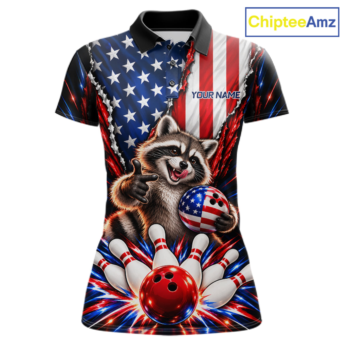 US Flag Patriotic Raccoon Women Bowling Polo 1/4-Zip Shirt Custom Funny Youth Bowling Team Jersey NYN5061