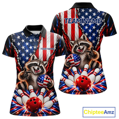 US Flag Patriotic Raccoon Women Bowling Polo 1/4-Zip Shirt Custom Funny Youth Bowling Team Jersey NYN5061