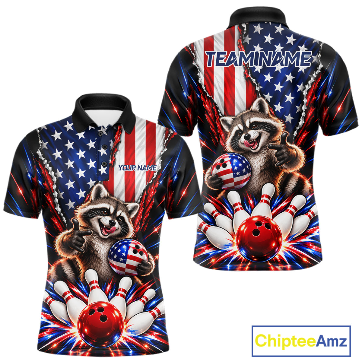 US Flag Patriotic Raccoon Men Bowling Polo 1/4-Zip Shirt Custom Funny Youth Bowling Team Jersey NYN5061