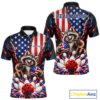 US Flag Patriotic Raccoon Men Bowling Polo 1/4-Zip Shirt Custom Funny Youth Bowling Team Jersey NYN5061