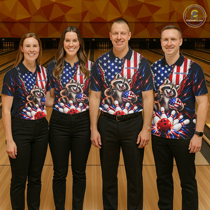 US Flag Patriotic Raccoon Men Bowling Polo 1/4-Zip Shirt Custom Funny Youth Bowling Team Jersey NYN5061