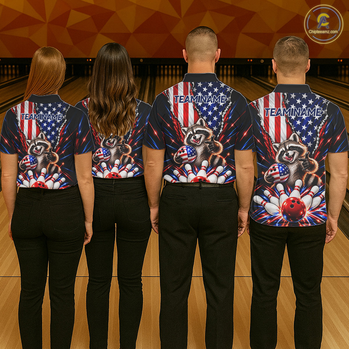 US Flag Patriotic Raccoon Men Bowling Polo 1/4-Zip Shirt Custom Funny Youth Bowling Team Jersey NYN5061