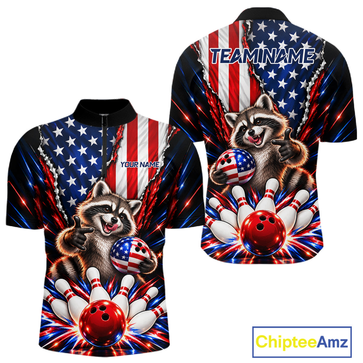 US Flag Patriotic Raccoon Men Bowling Polo 1/4-Zip Shirt Custom Funny Youth Bowling Team Jersey NYN5061