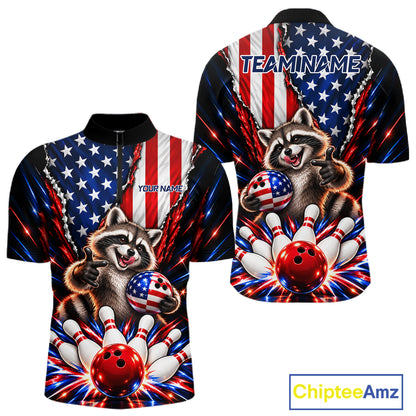 US Flag Patriotic Raccoon Men Bowling Polo 1/4-Zip Shirt Custom Funny Youth Bowling Team Jersey NYN5061