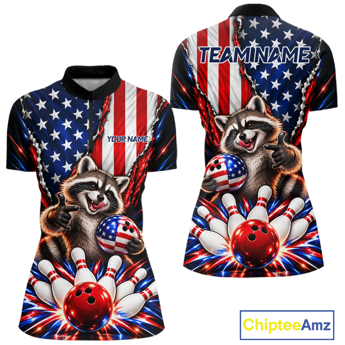 US Flag Patriotic Raccoon Women Bowling Polo 1/4-Zip Shirt Custom Funny Youth Bowling Team Jersey NYN5061