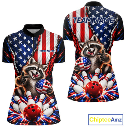 US Flag Patriotic Raccoon Women Bowling Polo 1/4-Zip Shirt Custom Funny Youth Bowling Team Jersey NYN5061