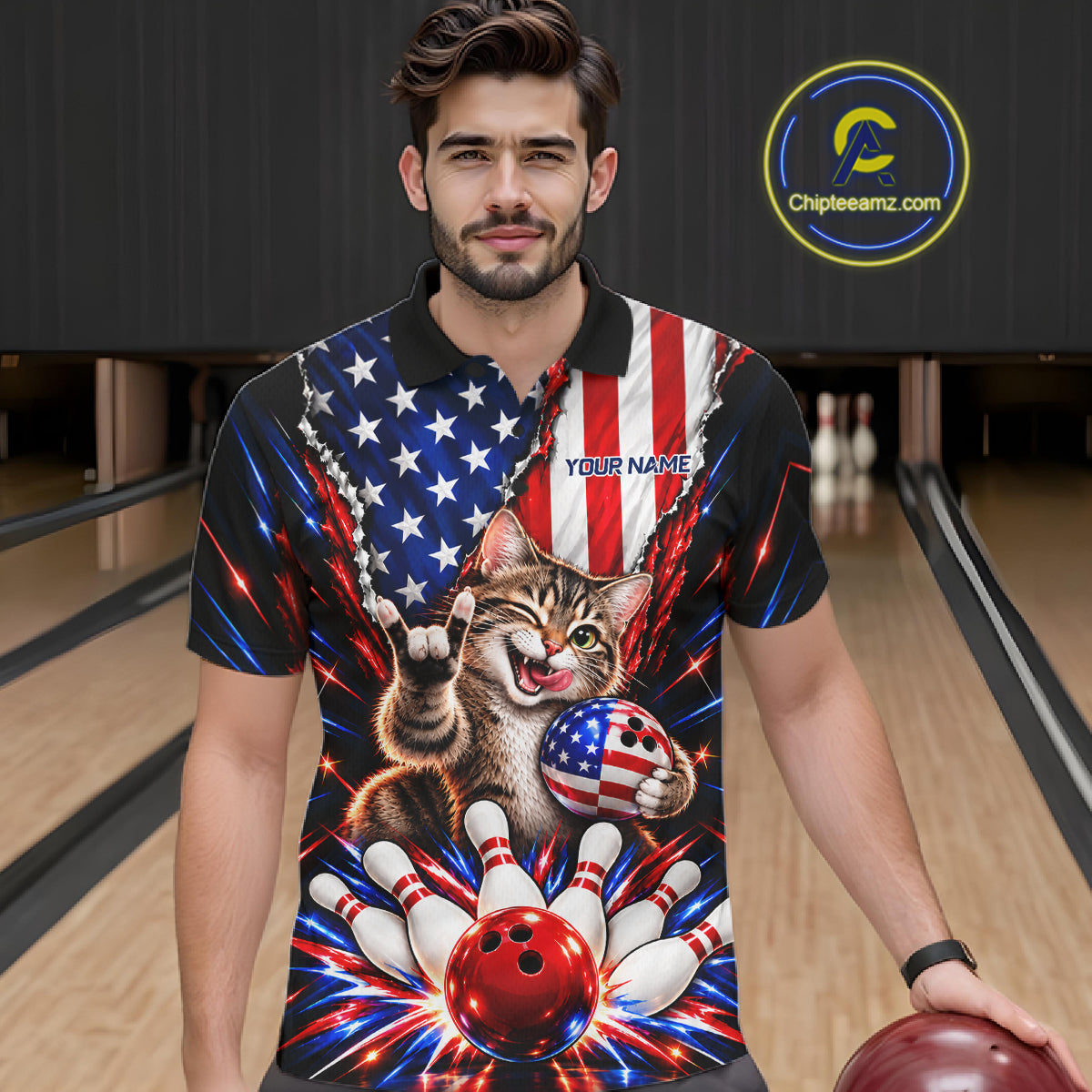 US Flag Patriotic Tabby Cat Men Bowling Polo 1/4-Zip Shirt Custom Funny Youth Bowling Team Jersey NYN5062