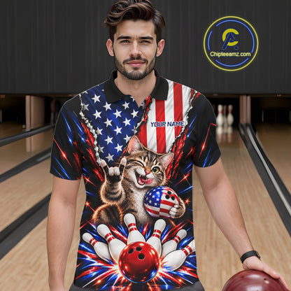 US Flag Patriotic Tabby Cat Men Bowling Polo 1/4-Zip Shirt Custom Funny Youth Bowling Team Jersey NYN5062
