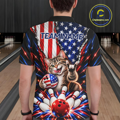 US Flag Patriotic Tabby Cat Men Bowling Polo 1/4-Zip Shirt Custom Funny Youth Bowling Team Jersey NYN5062