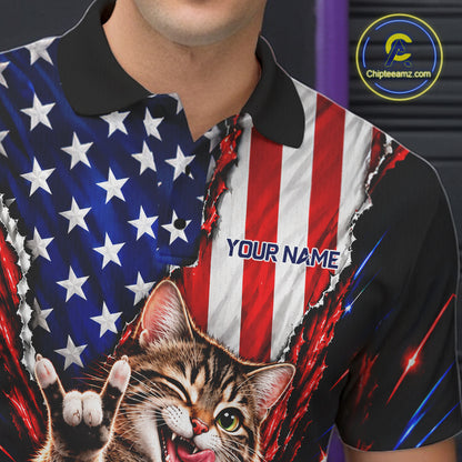 US Flag Patriotic Tabby Cat Men Bowling Polo 1/4-Zip Shirt Custom Funny Youth Bowling Team Jersey NYN5062
