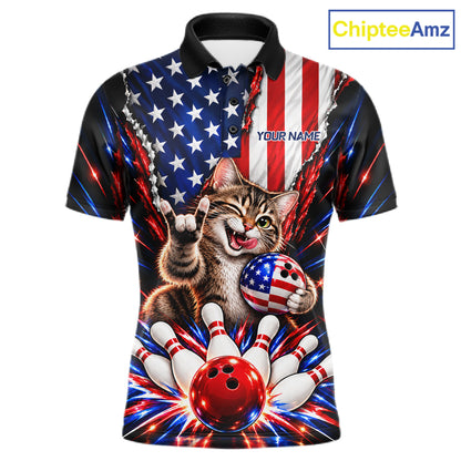 US Flag Patriotic Tabby Cat Men Bowling Polo 1/4-Zip Shirt Custom Funny Youth Bowling Team Jersey NYN5062