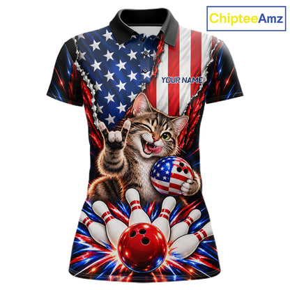 US Flag Patriotic Tabby Cat Women Bowling Polo 1/4-Zip Shirt Custom Funny Youth Bowling Team Jersey NYN5062
