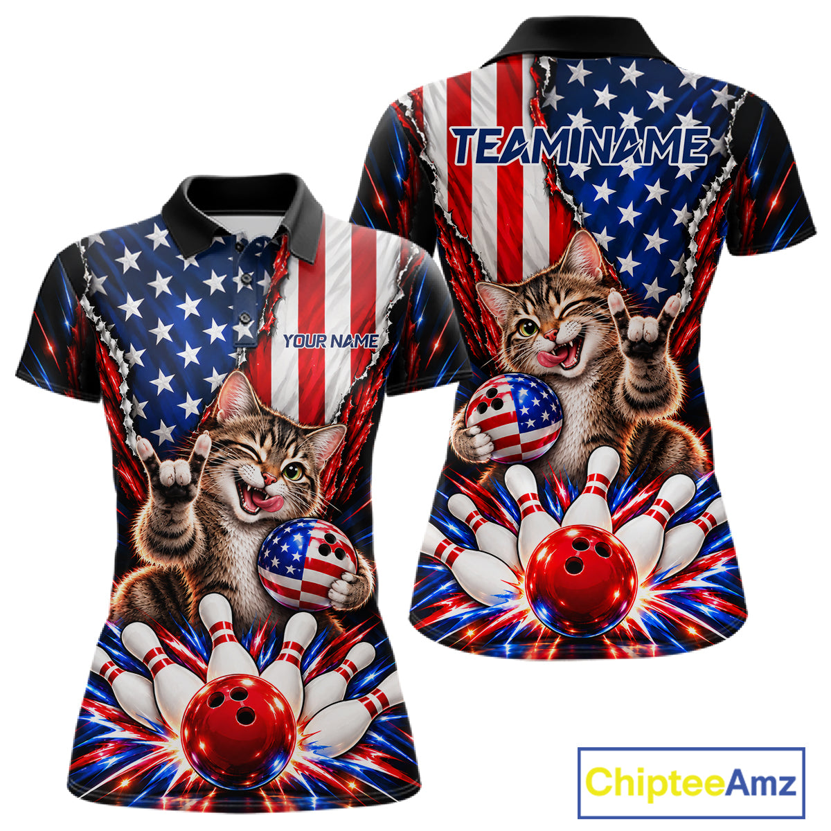 US Flag Patriotic Tabby Cat Women Bowling Polo 1/4-Zip Shirt Custom Funny Youth Bowling Team Jersey NYN5062