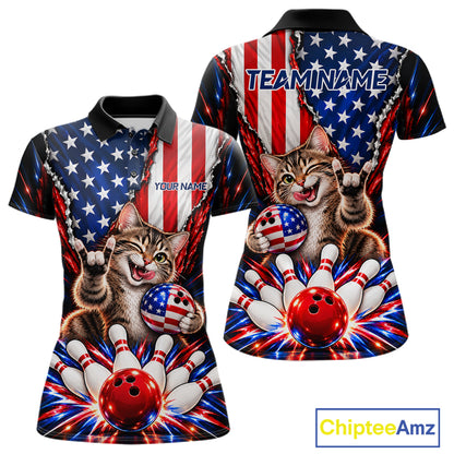US Flag Patriotic Tabby Cat Women Bowling Polo 1/4-Zip Shirt Custom Funny Youth Bowling Team Jersey NYN5062