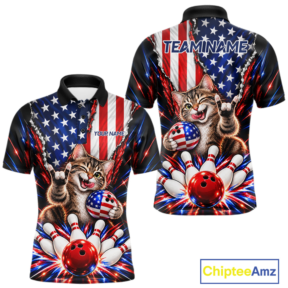 US Flag Patriotic Tabby Cat Men Bowling Polo 1/4-Zip Shirt Custom Funny Youth Bowling Team Jersey NYN5062