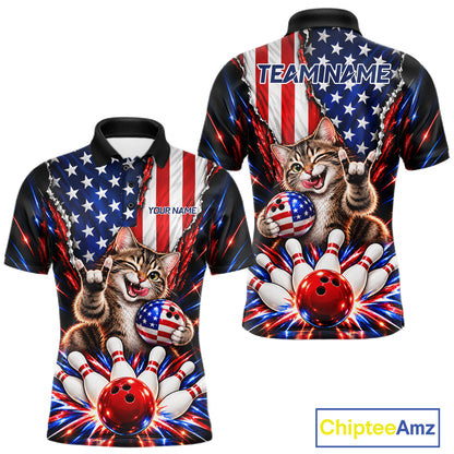 US Flag Patriotic Tabby Cat Men Bowling Polo 1/4-Zip Shirt Custom Funny Youth Bowling Team Jersey NYN5062