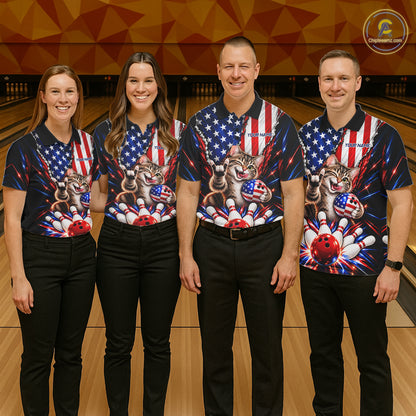 US Flag Patriotic Tabby Cat Men Bowling Polo 1/4-Zip Shirt Custom Funny Youth Bowling Team Jersey NYN5062