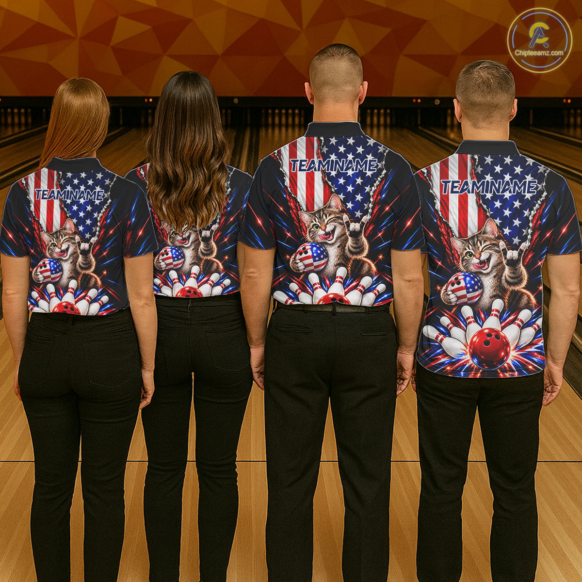 US Flag Patriotic Tabby Cat Men Bowling Polo 1/4-Zip Shirt Custom Funny Youth Bowling Team Jersey NYN5062