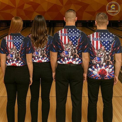 US Flag Patriotic Tabby Cat Men Bowling Polo 1/4-Zip Shirt Custom Funny Youth Bowling Team Jersey NYN5062