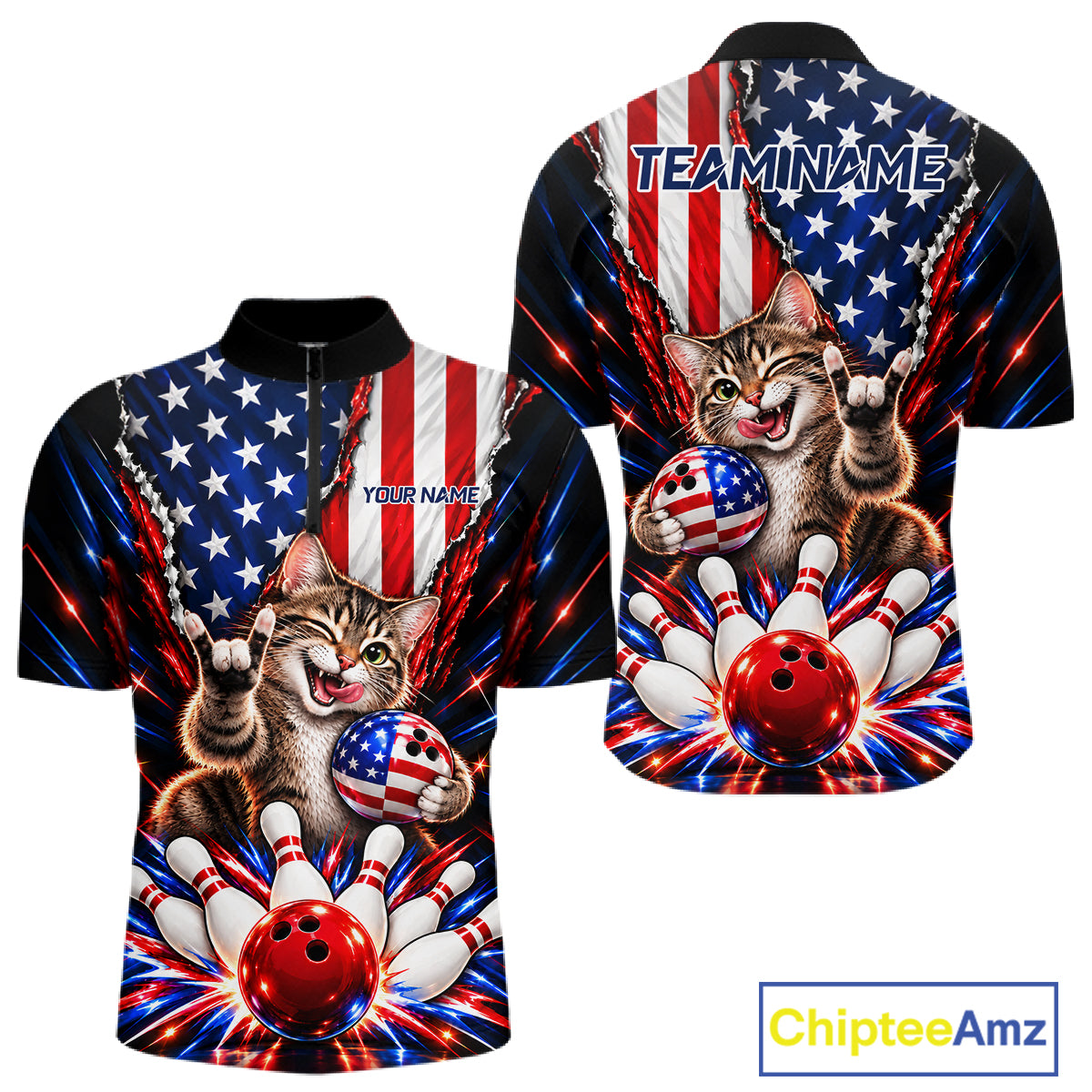 US Flag Patriotic Tabby Cat Men Bowling Polo 1/4-Zip Shirt Custom Funny Youth Bowling Team Jersey NYN5062
