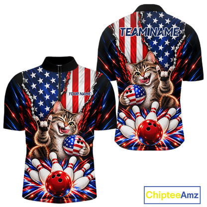 US Flag Patriotic Tabby Cat Men Bowling Polo 1/4-Zip Shirt Custom Funny Youth Bowling Team Jersey NYN5062