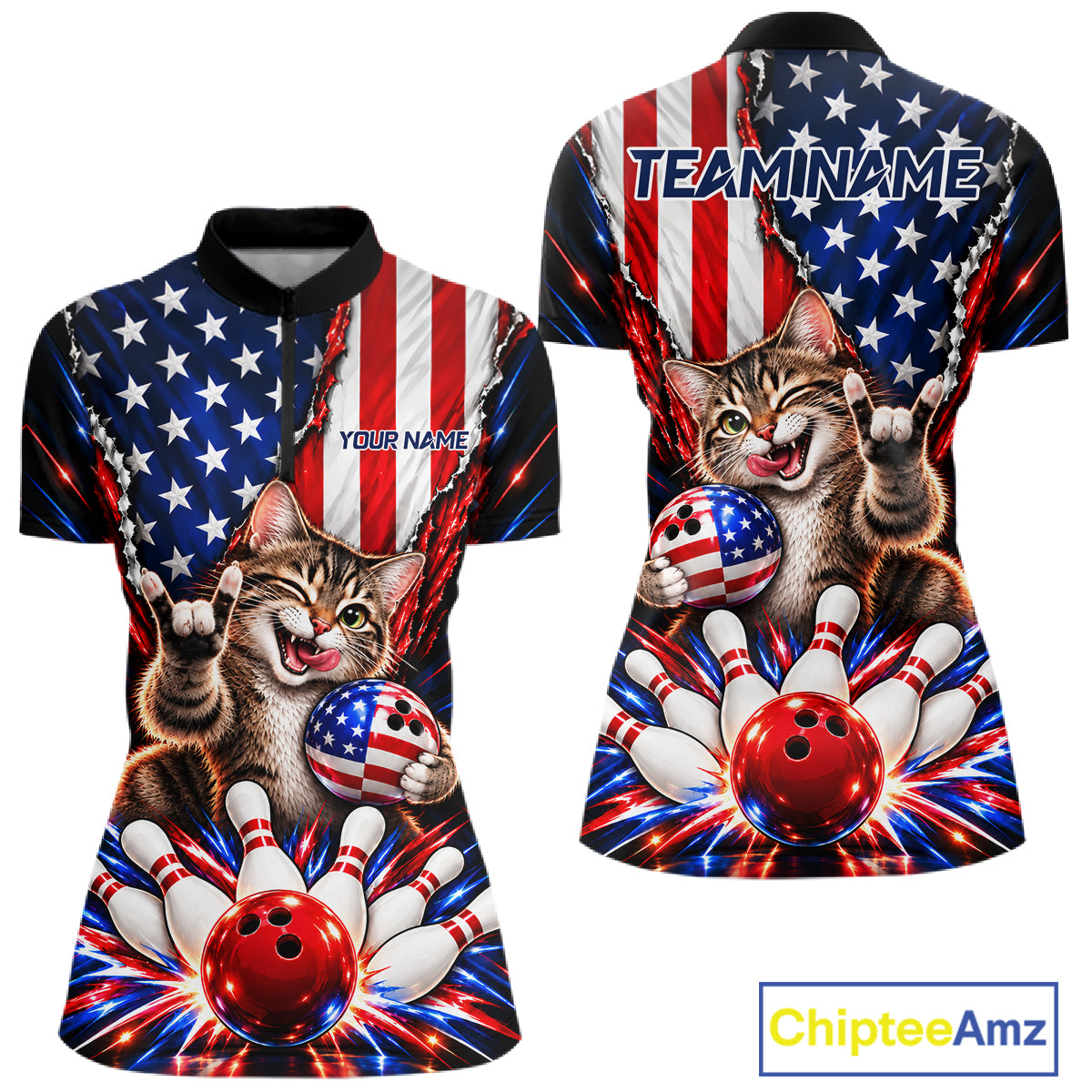 US Flag Patriotic Tabby Cat Women Bowling Polo 1/4-Zip Shirt Custom Funny Youth Bowling Team Jersey NYN5062
