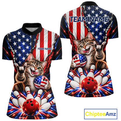 US Flag Patriotic Tabby Cat Women Bowling Polo 1/4-Zip Shirt Custom Funny Youth Bowling Team Jersey NYN5062