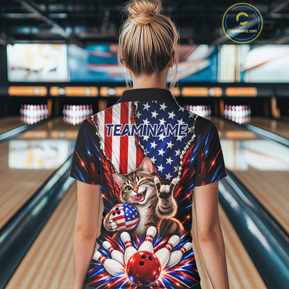 US Flag Patriotic Tabby Cat Women Bowling Polo 1/4-Zip Shirt Custom Funny Youth Bowling Team Jersey NYN5062