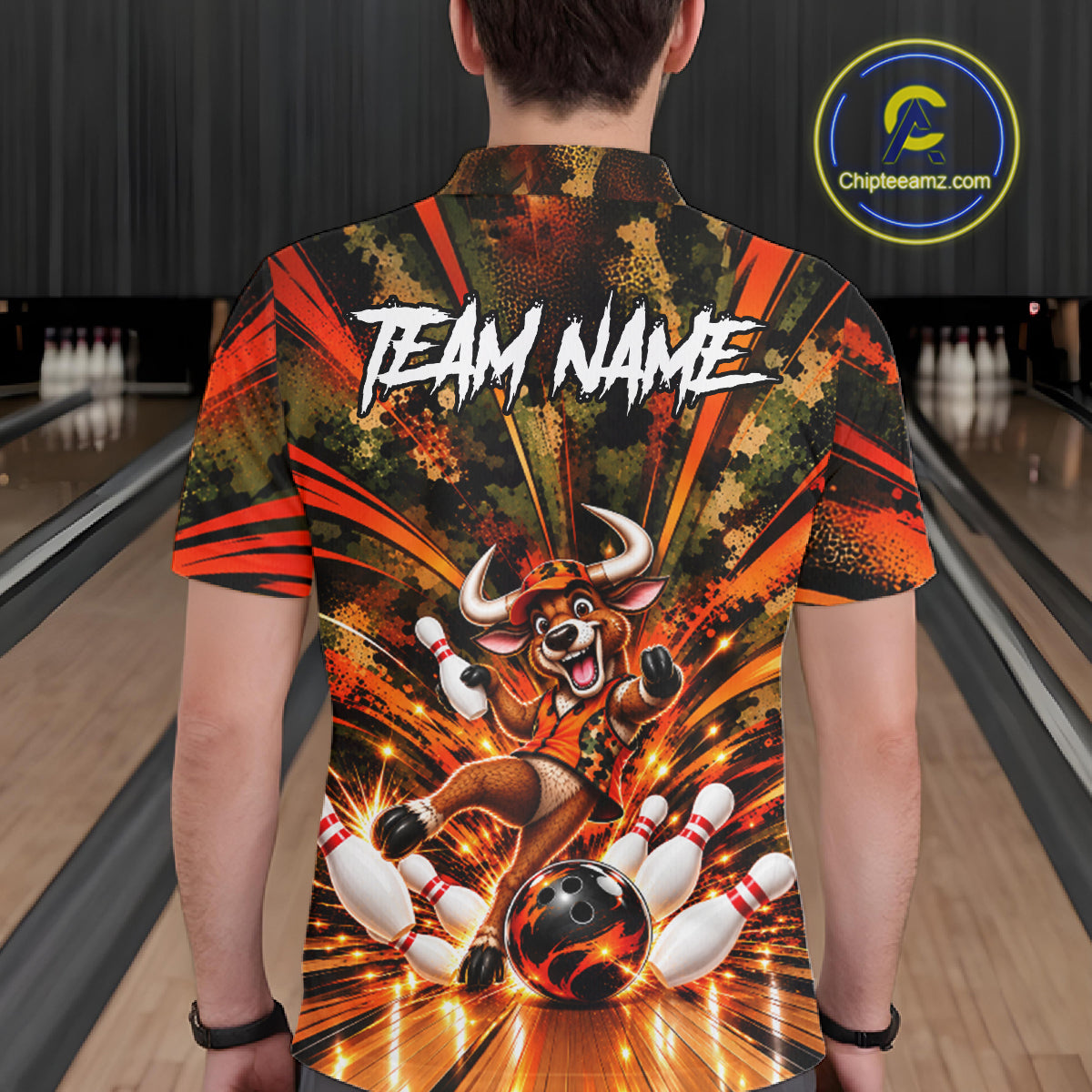 Personalized Bull Funny Bowling Shirt For Men Custom Orange Camo Strike Pins Bowler Team Jersey NYN5063