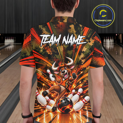 Personalized Bull Funny Bowling Shirt For Men Custom Orange Camo Strike Pins Bowler Team Jersey NYN5063