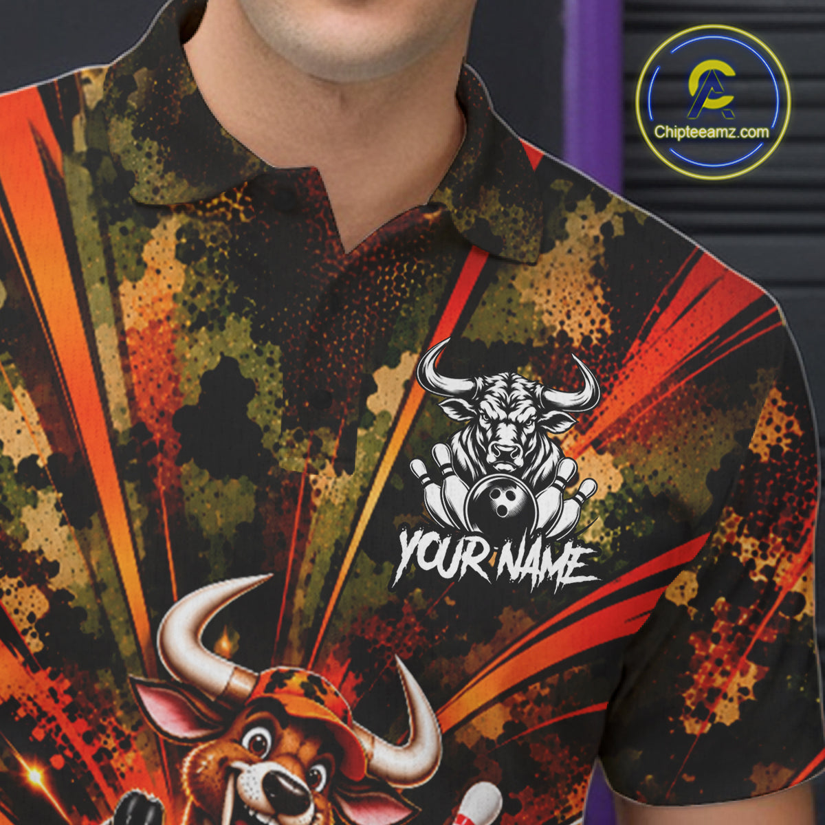 Personalized Bull Funny Bowling Shirt For Men Custom Orange Camo Strike Pins Bowler Team Jersey NYN5063