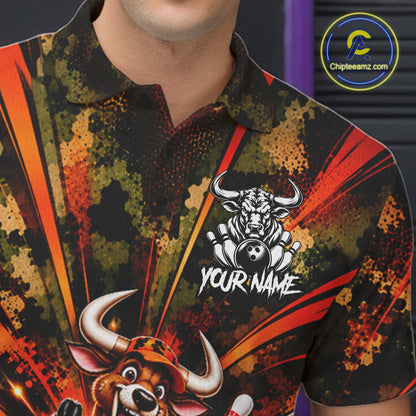 Personalized Bull Funny Bowling Shirt For Men Custom Orange Camo Strike Pins Bowler Team Jersey NYN5063