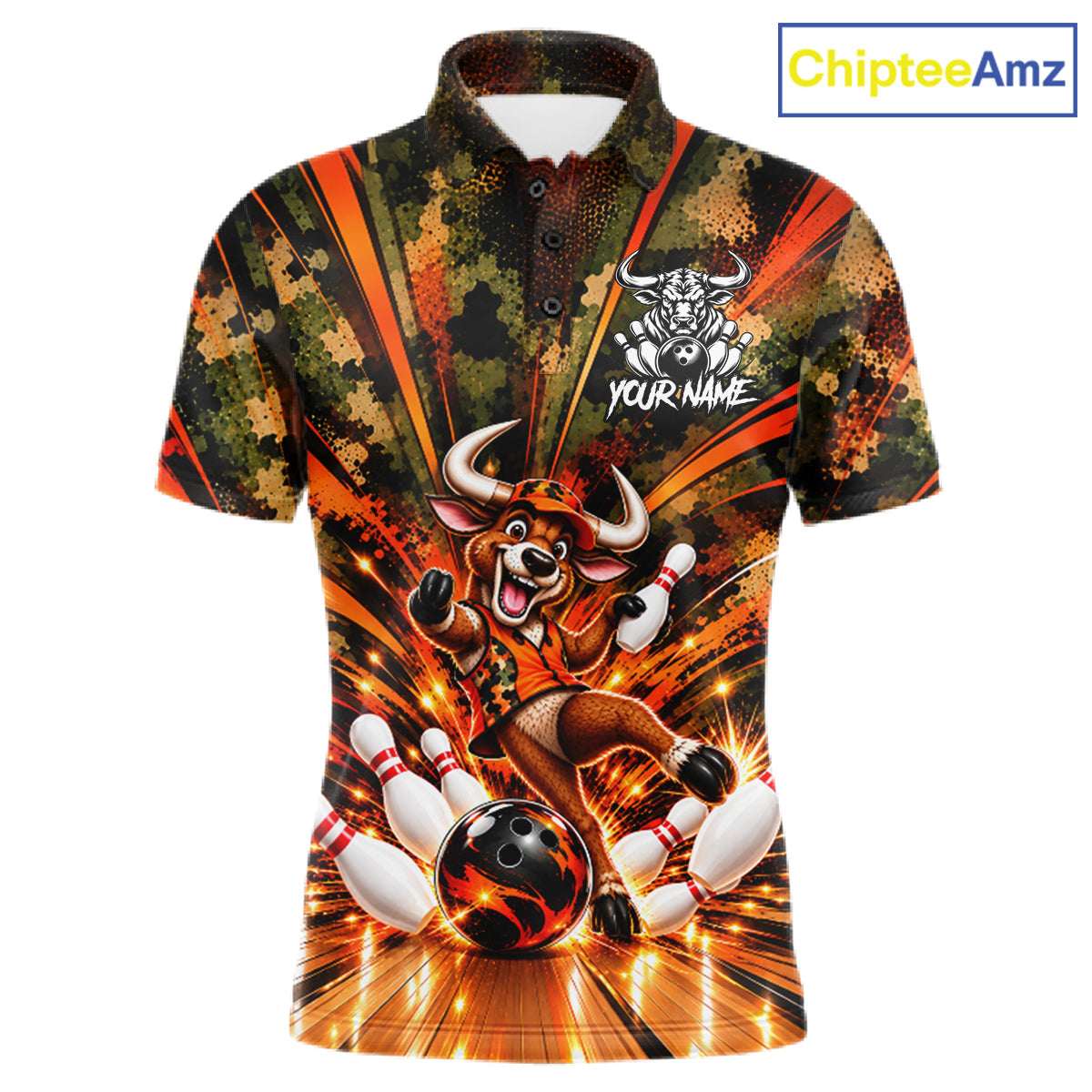 Personalized Bull Funny Bowling Shirt For Men Custom Orange Camo Strike Pins Bowler Team Jersey NYN5063