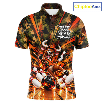 Personalized Bull Funny Bowling Shirt For Men Custom Orange Camo Strike Pins Bowler Team Jersey NYN5063