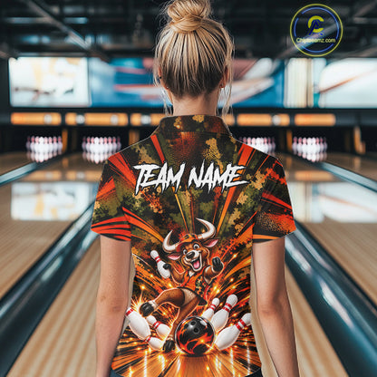 Personalized Bull Funny Bowling Shirt For Women Custom Orange Camo Strike Pins Bowler Team Jersey NYN5063