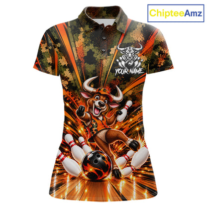 Personalized Bull Funny Bowling Shirt For Women Custom Orange Camo Strike Pins Bowler Team Jersey NYN5063