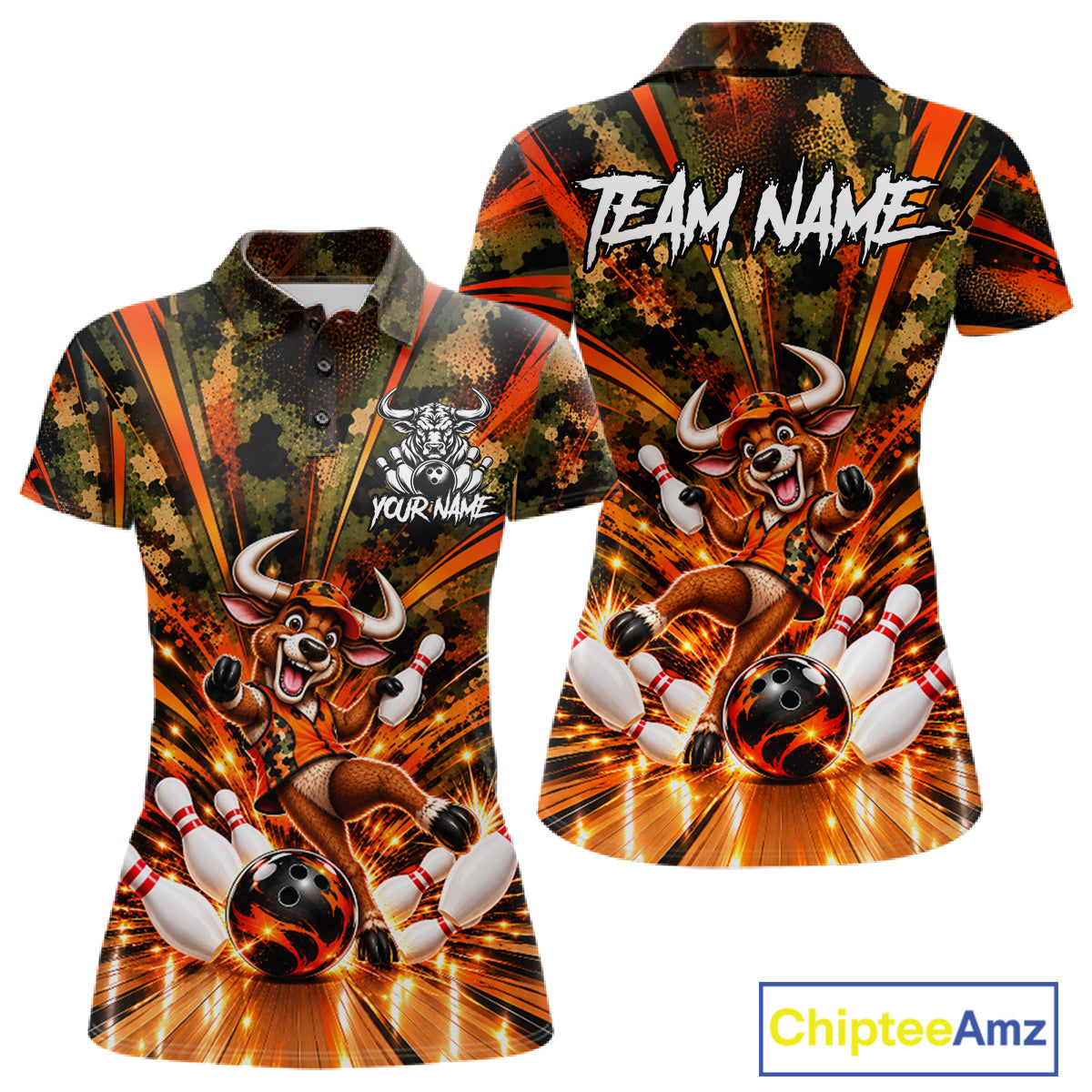 Personalized Bull Funny Bowling Shirt For Women Custom Orange Camo Strike Pins Bowler Team Jersey NYN5063