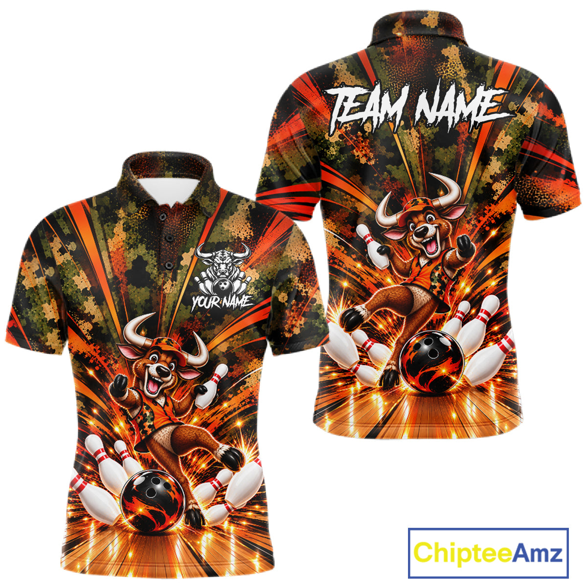 Personalized Bull Funny Bowling Shirt For Men Custom Orange Camo Strike Pins Bowler Team Jersey NYN5063