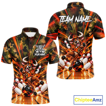 Personalized Bull Funny Bowling Shirt For Men Custom Orange Camo Strike Pins Bowler Team Jersey NYN5063