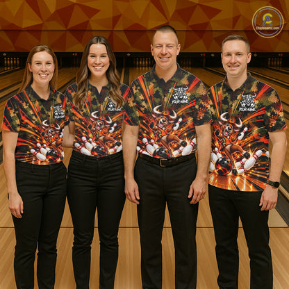 Personalized Bull Funny Bowling Shirt For Men Custom Orange Camo Strike Pins Bowler Team Jersey NYN5063
