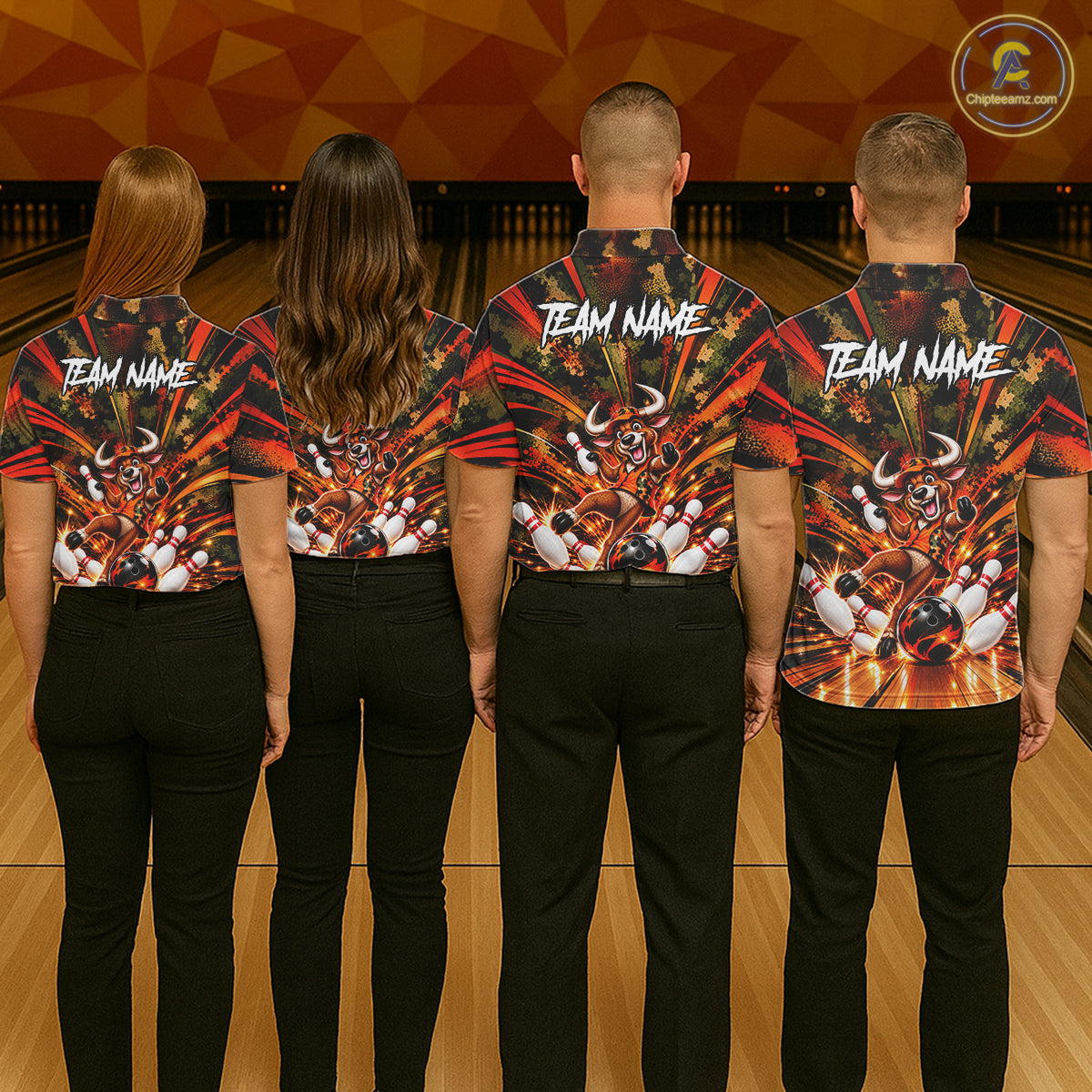Personalized Bull Funny Bowling Shirt For Men Custom Orange Camo Strike Pins Bowler Team Jersey NYN5063