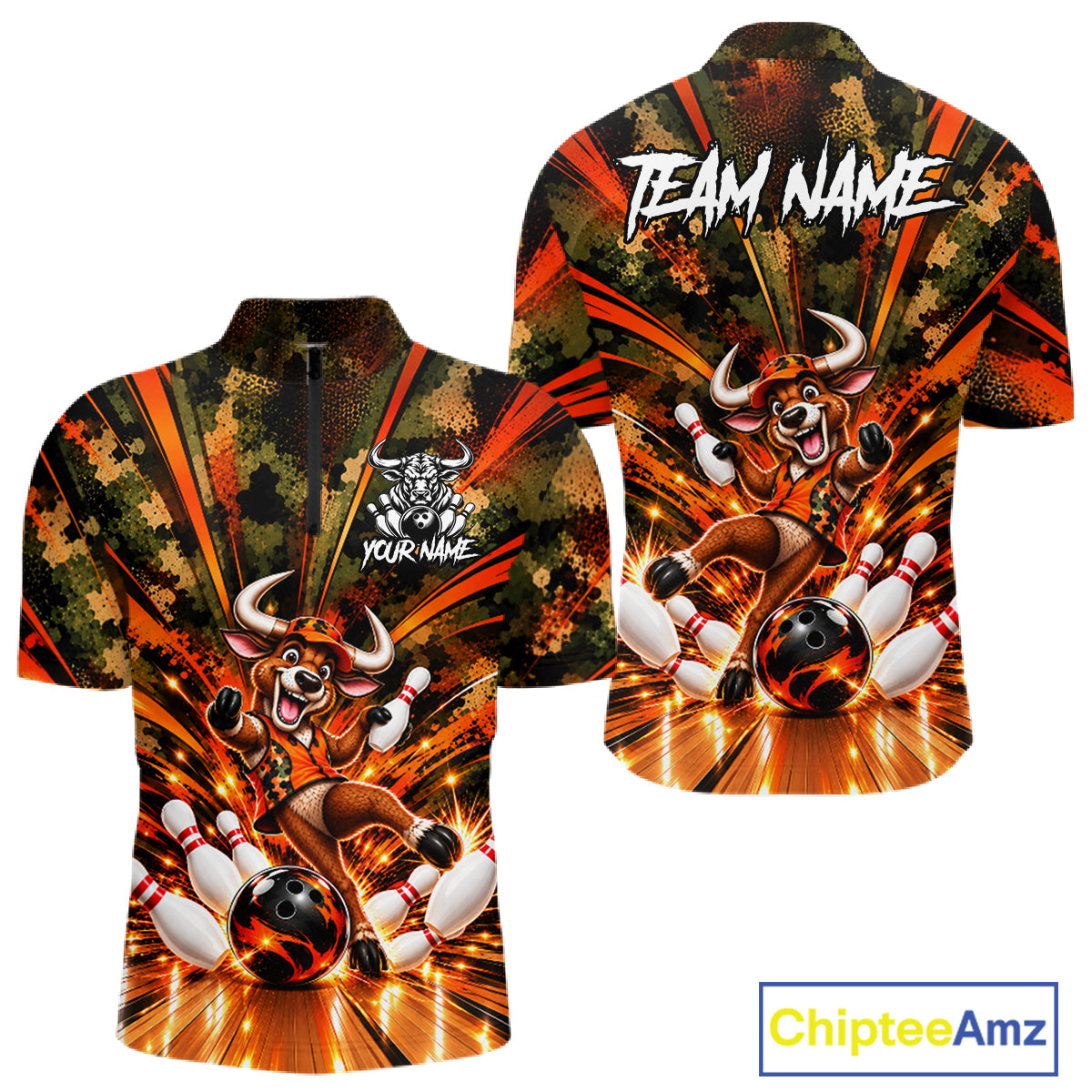 Personalized Bull Funny Bowling Shirt For Men Custom Orange Camo Strike Pins Bowler Team Jersey NYN5063