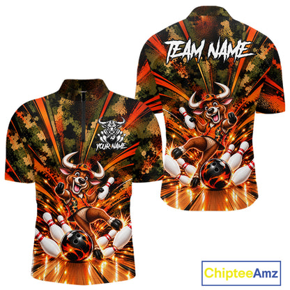 Personalized Bull Funny Bowling Shirt For Men Custom Orange Camo Strike Pins Bowler Team Jersey NYN5063