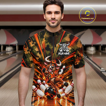 Personalized Bull Funny Bowling Shirt For Men Custom Orange Camo Strike Pins Bowler Team Jersey NYN5063